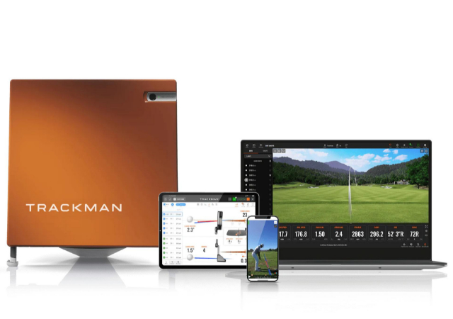 Trackman launch monitor and user interface on phone, tablet, and laptop on white background