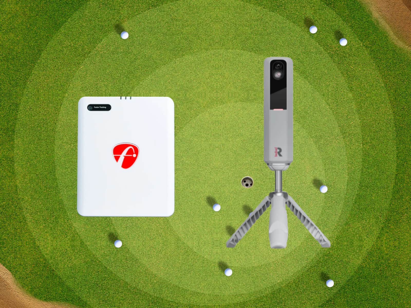 High-tech golf swing analyzer and launch monitor setup on a putting green for indoor golf simulator practice.