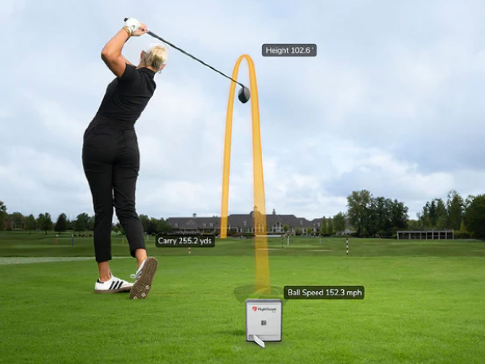 Golf simulator analysis, lady golfer swing data, launch monitor showing carry distance and ball speed, outdoor golf course setting, golf swing metrics for improving game performance.