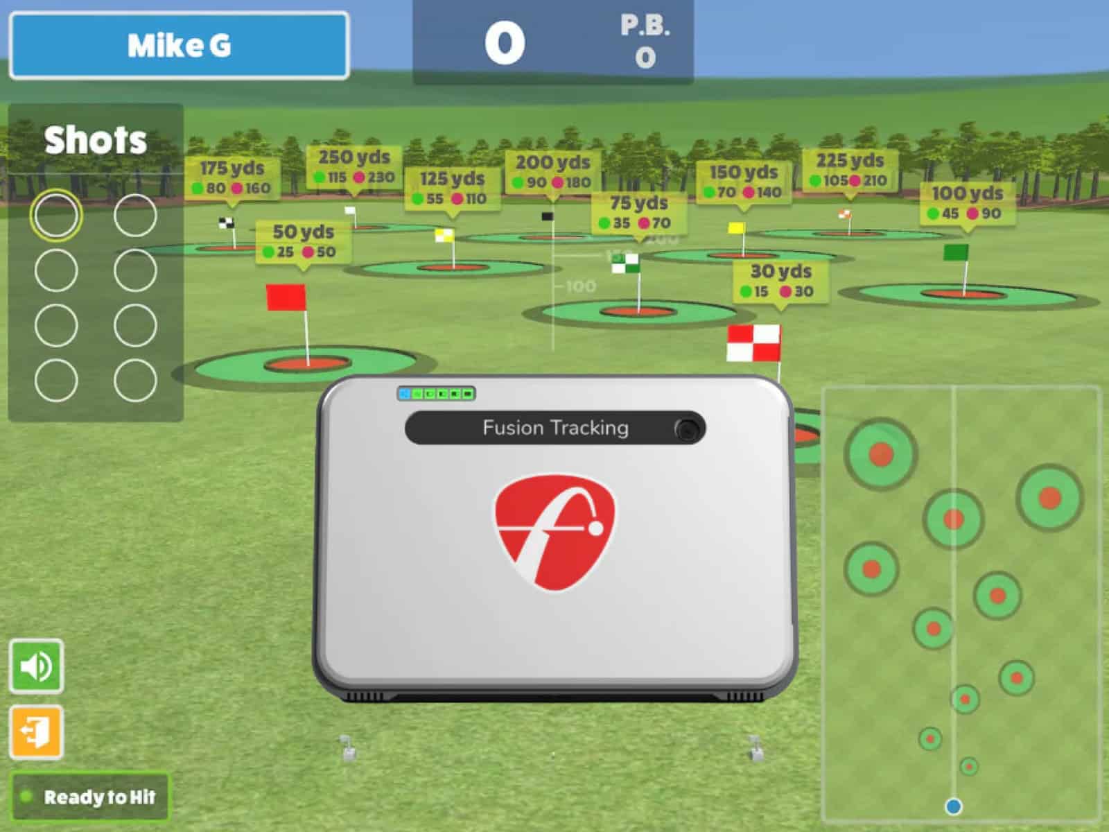 High-tech golf simulator with fusion tracking technology, displaying shot distances, target zones, and detailed analytics for improving golf game performance.